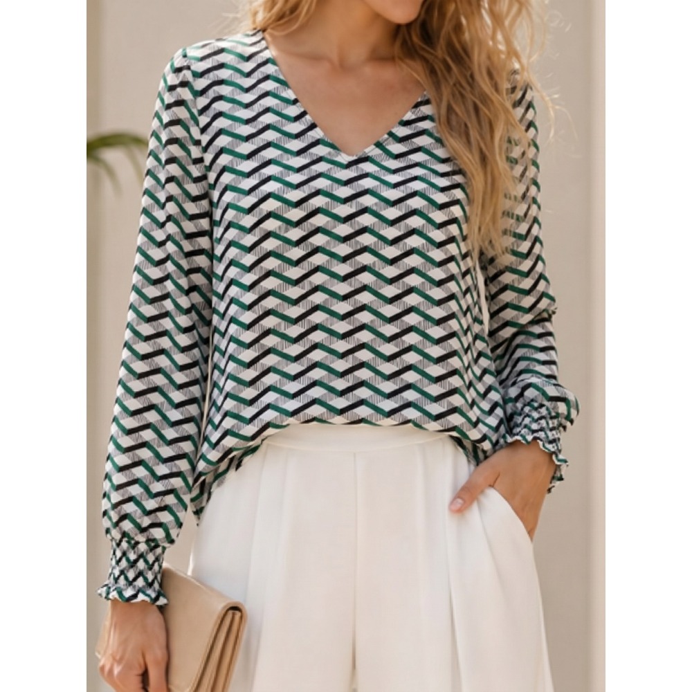 Worthington Womens XL Green Black Geometric Chevron V-Neck Smocked Cuff Blouse